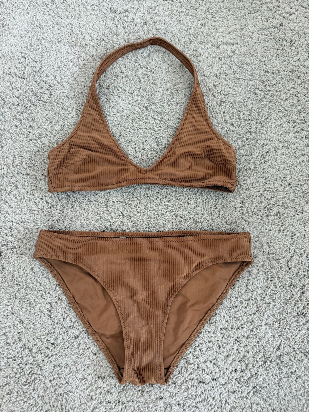 aerie Brown Ribbed Halter Bikini Set